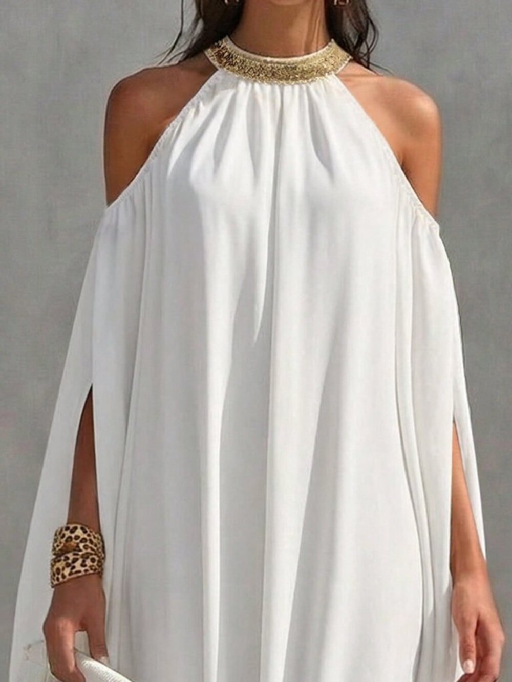 White Boho Women's Cold Shoulder Sequin Decor V-Neck Slit Long Sleeve Dress - Picture 3 of 5